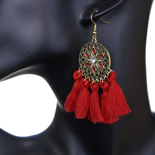 Red Tassel Fringe Drop Earrings