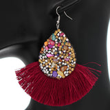 Burgundy Faux Gemstone Teardrop Tassel Fan Earrings