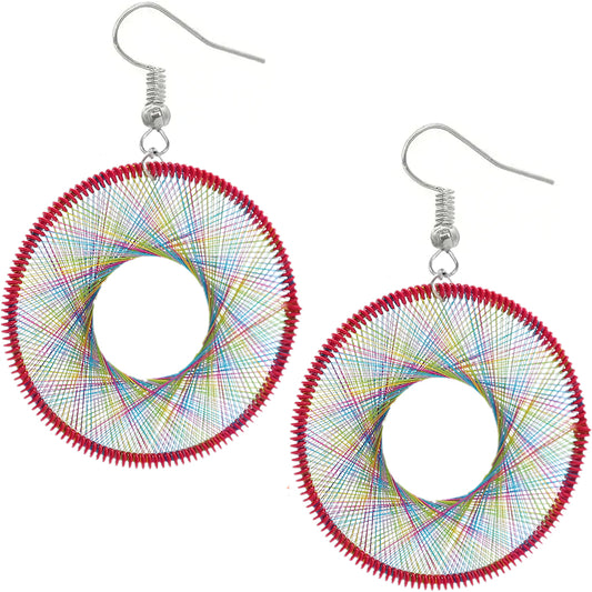 Red Multicolor Woven Thread Earrings