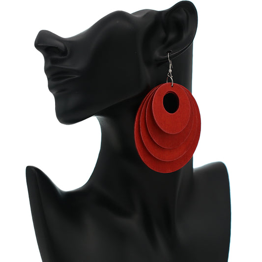 Red Layered Wooden Dangle Earrings