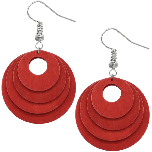 Red Layered Wooden Dangle Earrings