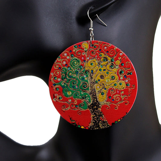 Red Tree of Life Wooden Earrings