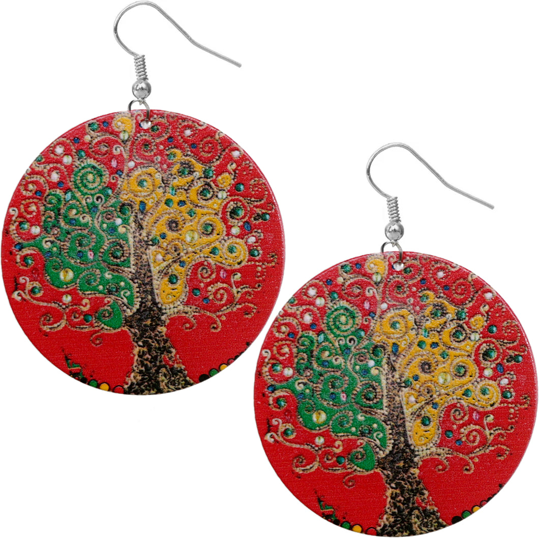 Red Tree of Life Wooden Earrings