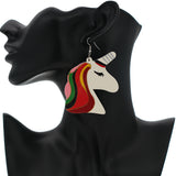 Red Unicorn Rainbow Hair Wooden Earrings