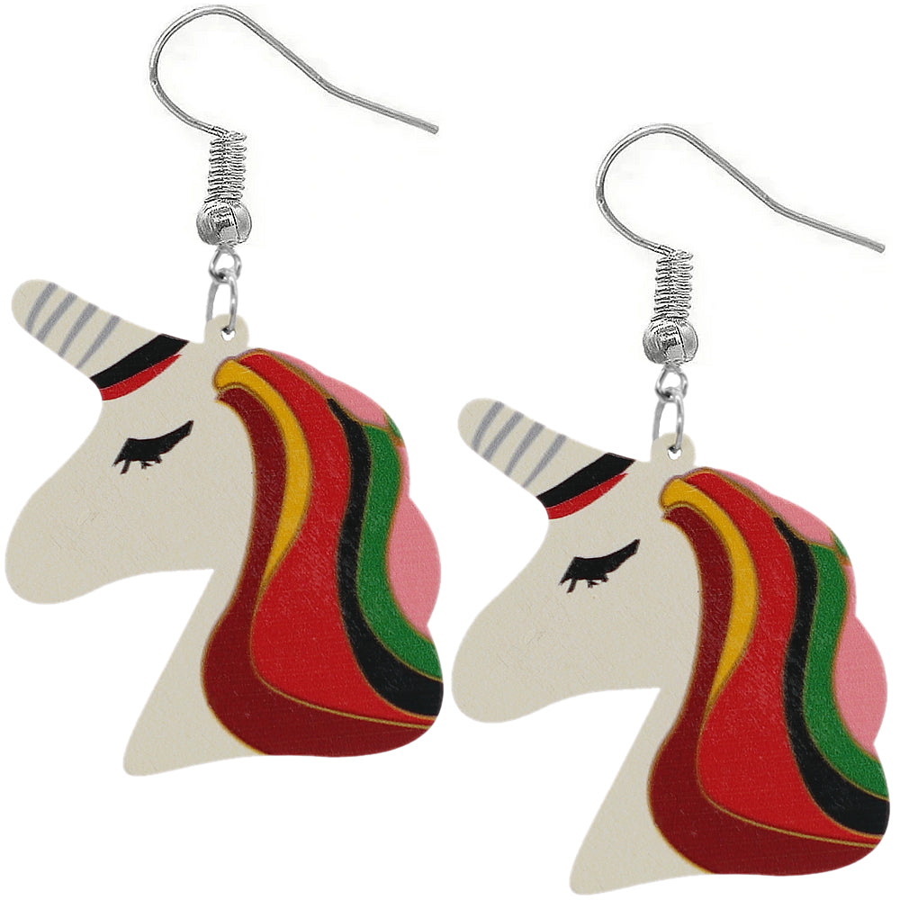 Red Unicorn Rainbow Hair Wooden Earrings