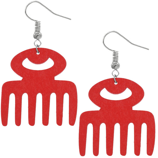 Red Afro Pick Wooden Dangle Earrings