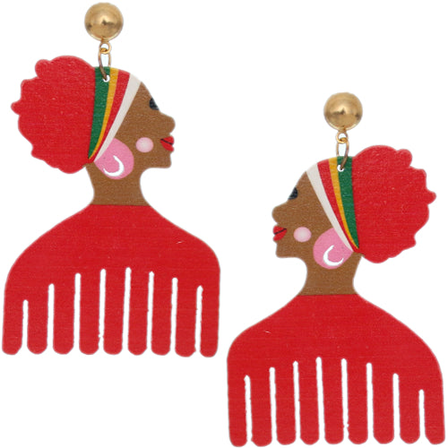 Red Wooden Afrocentric Afro Pick Earrings