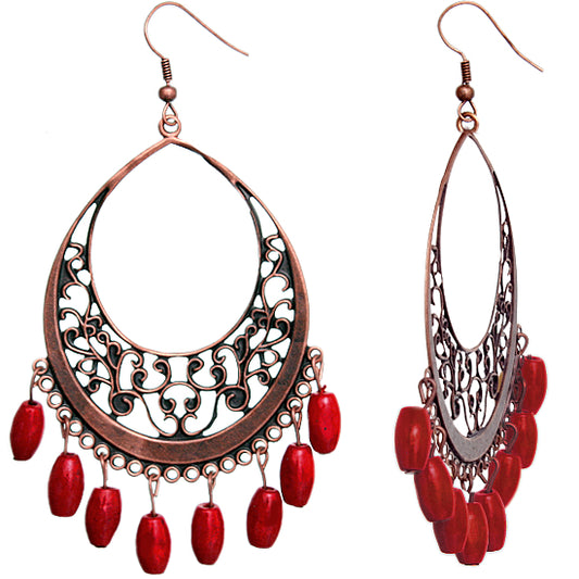 Red Wooden Filigree Drop Earrings