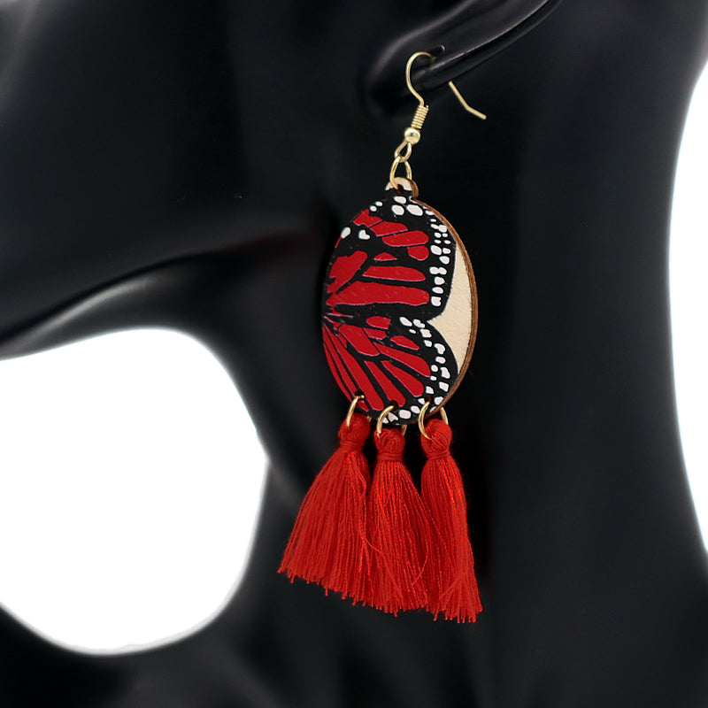 Red Butterfly Tassel Wooden Dangle Earrings