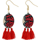 Red Butterfly Tassel Wooden Dangle Earrings