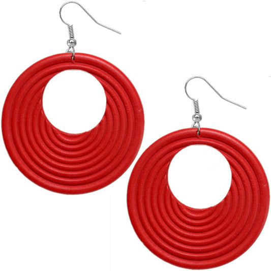 Red Wooden Circular Roll Texture Dangle Earrings