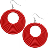Red Wooden Circular Roll Texture Dangle Earrings