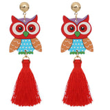 Red Wooden Owl Tassel Earrings