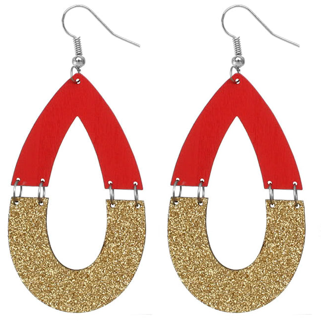 Red Wooden Glitter Link Teardrop Earrings