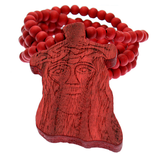 Red Wooden Beaded Chunky Jesus Piece Necklace