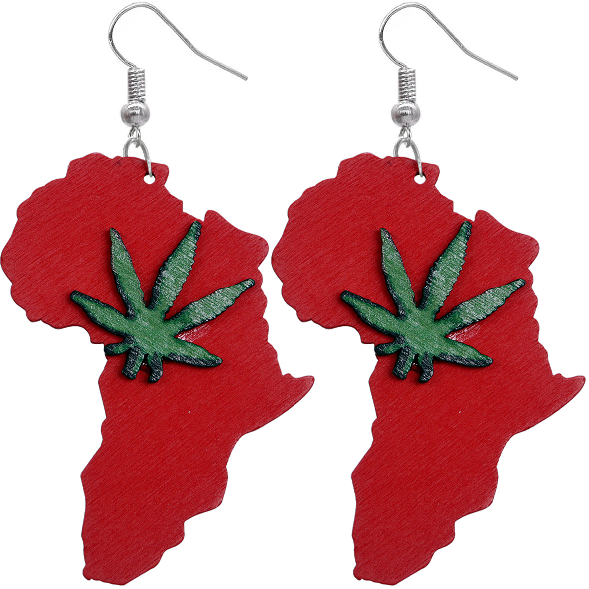 Red Wooden Weed Plant Africa Shaped Earrings