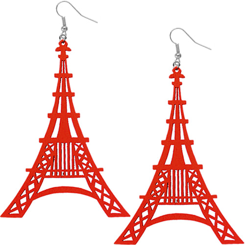 Red Wooden Paris Eiffel Tower Dangle Earrings