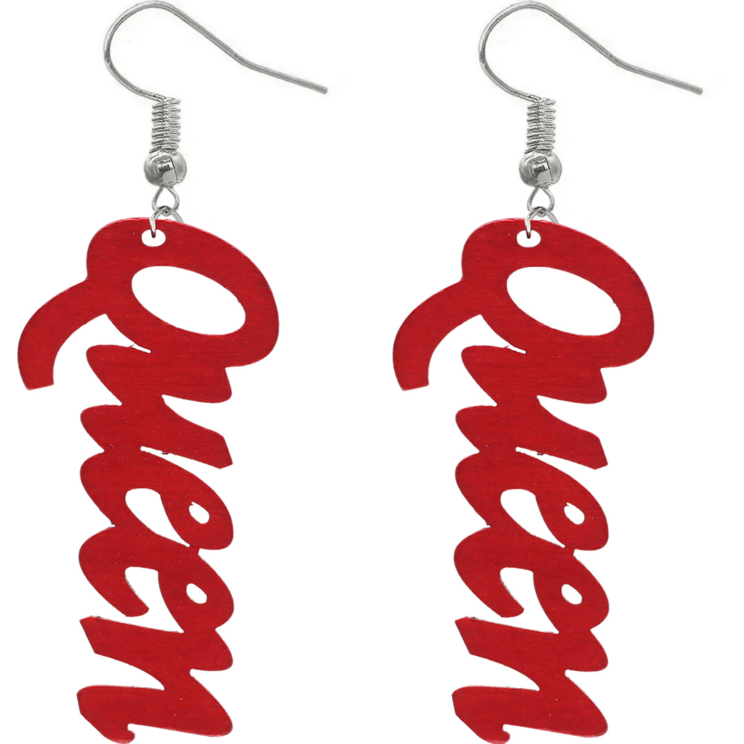 Red Queen Cursive Word Wooden Earrings