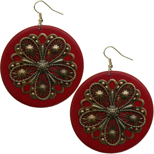 Dark Red Wooden Round Antique Filigree Earrings