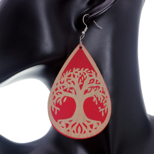 Red Tree Of Life Wooden Teardrop Earrings