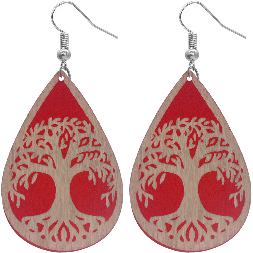 Red Tree Of Life Wooden Teardrop Earrings