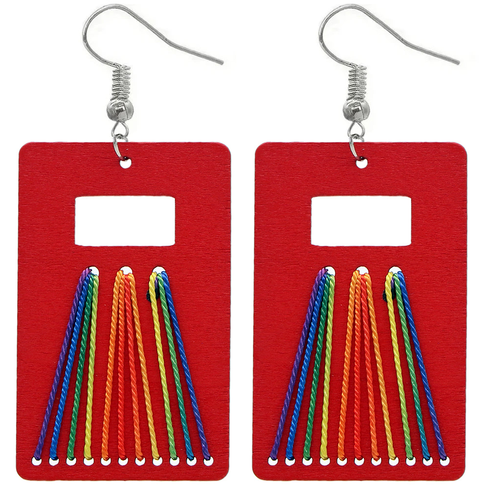 Red Woven Wooden Rectangle Earrings