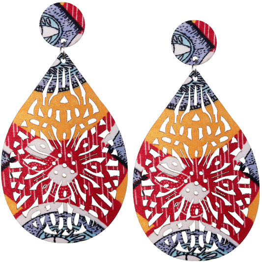 Red Yellow Multicolor Evil Eye Wooden Teardrop Earrings