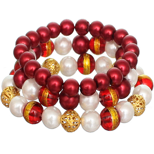 Red Faux Pearl Beaded Stretch Bracelets