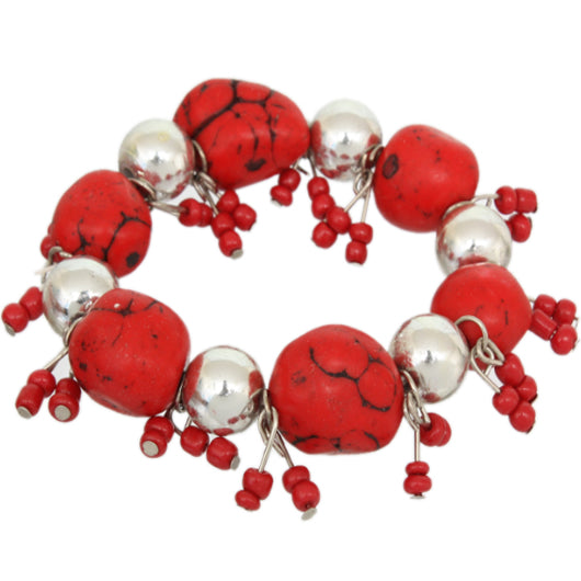 Red Beaded Faux Stone Stretch Bracelet