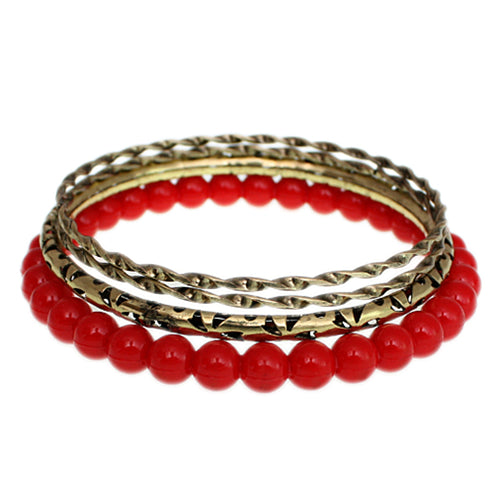 Red Beaded Twist Stack Bangle Bracelets
