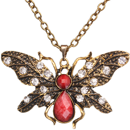 Red Clear Rhinestone Butterfly Charm Chain Necklace