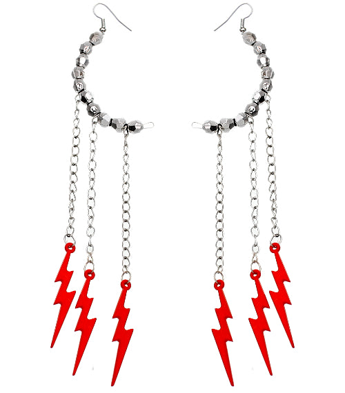 Red Beaded Drop Chain Lightning Bolt Dangle Earrings