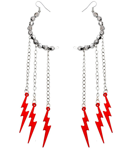 Red Beaded Drop Chain Lightning Bolt Dangle Earrings