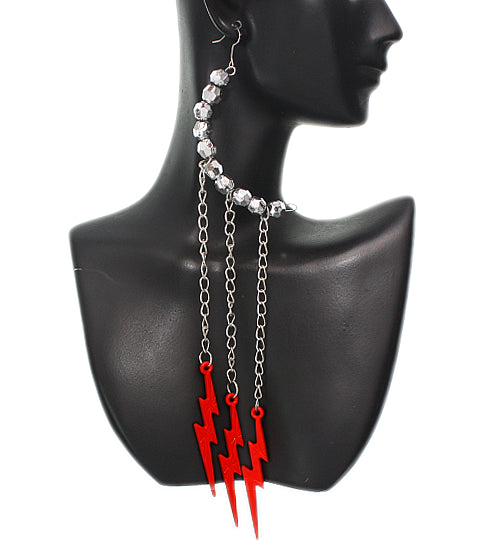Red Beaded Drop Chain Lightning Bolt Dangle Earrings