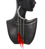 Red Beaded Drop Chain Lightning Bolt Dangle Earrings