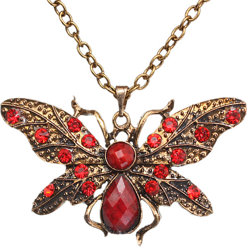 Red Rhinestone Butterfly Charm Chain Necklace