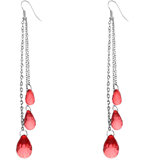 Red Faceted Long Drop Chain Earrings