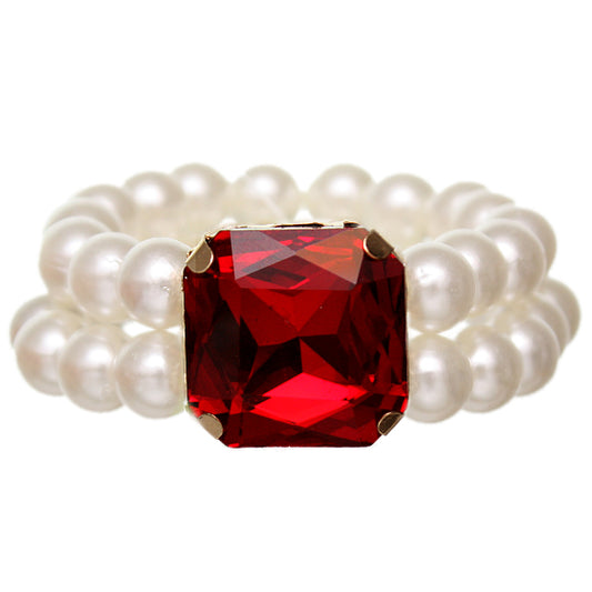 Red Faux Pearl Gemstone Stretch Bracelet