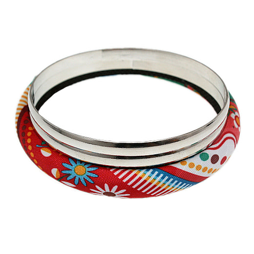 Red Multicolor Fabric Wrapped Bangle Bracelet Set