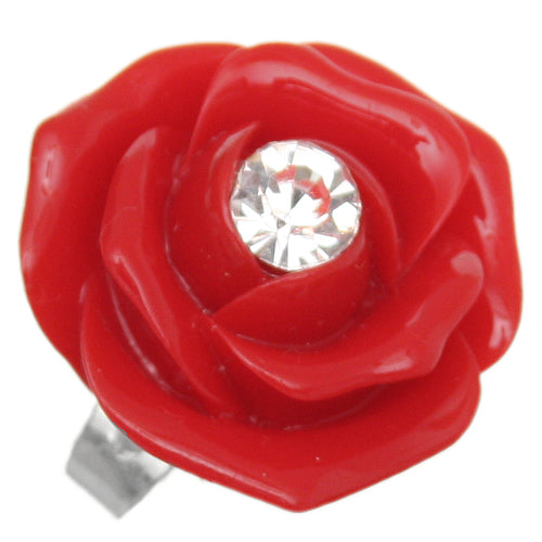 Red Centered Rhinestone Flower Adjustable Ring