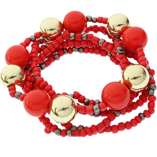Red Multi Line Beaded Stretch Bracelet Set