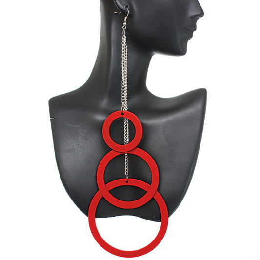 Red Wooden Cascade Drop Chain Hoop Earrings