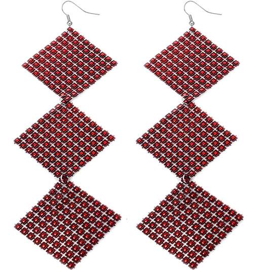 Red Long Triple Studded Mesh Dangle Earrings