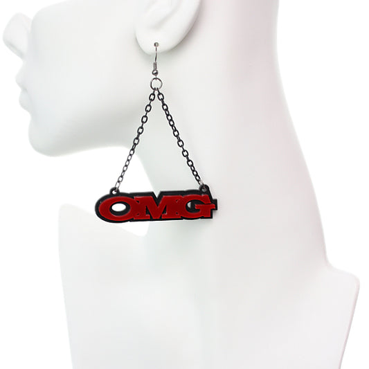 Red OMG Triangle Drop Chain Earrings