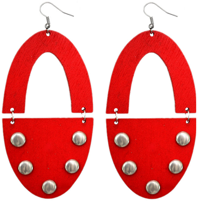 Red Wooden Oval Studded Earrings