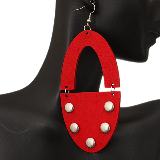 Red Wooden Oval Studded Earrings