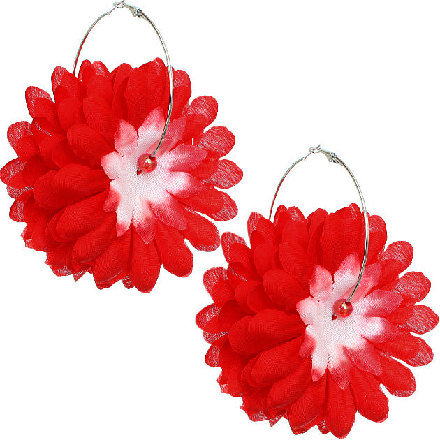 Red Oversized Large Beaded Flower Hoop Earrings