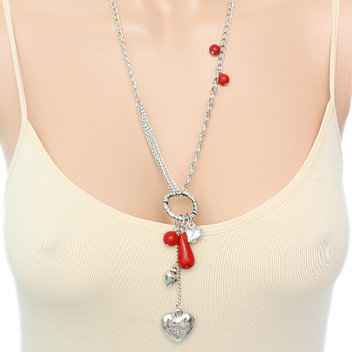 Red Beaded Heart Chain Necklace Set