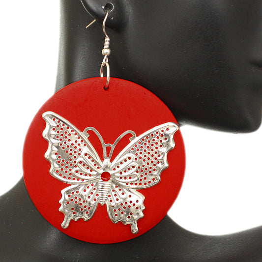 Red Silver Wooden Butterfly Dangle Earrings