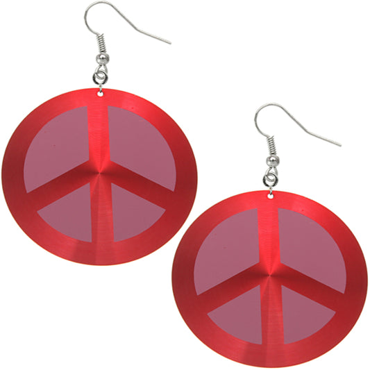 Red Thin Peace Sign Disc Earrings